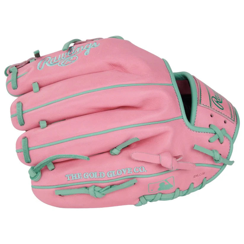 Rawlings Heart of the Hide pink and mint baseball glove with conventional open back